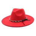 Detail of red wool fedora featuring 9.5cm wide brim with gold chain and black leather bow - M (56-58cm) / Red