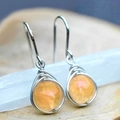 Wire-wrapped silver hook earrings with round orange gemstone and handmade weave - Orange Yellow Wire Wrapped / Yellow