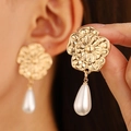 Vintage gold relief flower earrings with elegant white teardrop pearl drops - Floral Teardrop Artificial Pearl Style (N-402) / 52 KC Gold