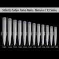 Gedetailleerde maattabel voor extra lange stiletto nageltips met 12 afmetingen - Lange Stiletto Nageltips (12 Stuks) / Natuurlijke Kleur