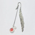 Silver feather bookmark with a pink dried flower glass ball and pearl pendant - Red Peach Blossom