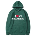 Dark green I Love My Girlfriend hoodie with red heart print and kangaroo pocket - S / Tops / Dark Green