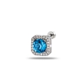 Single silver screw-back square stud earring with a central blue gemstone halo setting - Ice Blue (Single)