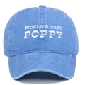 Detailed view of World's Best Poppy white embroidery on light blue washed cotton cap - Letter Embroidery (WORLD'S BEST POPPY) / Light Blue