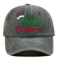 Close-up of Merry Christmas embroidery and washed gray cotton fabric on a baseball cap - Adjustable / Army Green