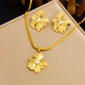 Gold vintage heart jewelry set with flower pattern, white pearls, and necklace earrings - Flower Pearl Jewelry Set (N3193 E6212)