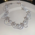 Detailed view of layered floral pearl necklace with sparkling rhinestones and tassels - Full Rhinestone Multilayer Flower Style (HN11050) / Silver