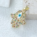 Gold plated Hamsa pendant with colorful zircons and a blue evil eye bead detail - D3508JC Pendant 31