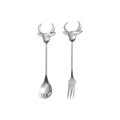 Silver 304 stainless steel spoon and fork set with cartoon ox head handle embossment - Silver-Spoon & Fork Set