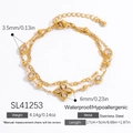 Pulsera de doble capa de acero inoxidable chapada en oro de 18k con trébol y circonitas - Pulsera de Cadena de Doble Capa con Colgante de Trébol y Strass (SL41253)