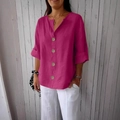 Women's rose purple linen V-neck top with contrasting buttons and cuffed sleeves - 3XL / Rose Red (4 Buttons)