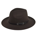 Detail of dark brown wool felt fedora with black leather band and silver metal buckle - M (56-58cm) / Coffee