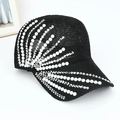 Berretto da baseball in rete nera con eleganti perle e strass decorativi laterali - Regolabile / Nero