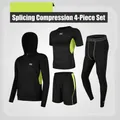Herren Sport-Set 4-teilig Schwarz Neon-Grün Kompressionshose und Kapuzenjacke Fit - S / Oberteil Und Unterteil / Patchwork-Passform / Fluoreszierendes Grün