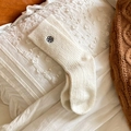 Cream white thermal wool knit sock featuring black floral embroidery for winter comfort - White / One Size Fits All (sizes 35-39)