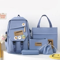 Five-piece blue nylon school backpack set with tote bag, satchel, and plush bear charm - Blue