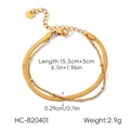 Detailed view of gold double layer snake and bead chain bracelet with size measurements - Double Layer Herringbone Bead Bracelet (HC-B20401)