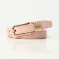 Pink pebbled leather thin belt for women with engraved gold square buckle decoration - Pink