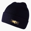 Deep blue ribbed knit beanie with a brown leather patch and a gold 1999 engraved buckle - L(58-60cm) / Navy Blue