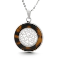 Round amber tortoise shell pendant necklace with silver hollow pattern and delicate chain - Steel Color Hollow Cloud Pattern (KP81104-KC) / Steel