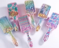Cartoon detangling hairbrushes with tropical prints and glitter sequins in transparent handles - 1821-E Mixed Colors