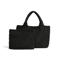 Borsa tote nera intrecciata a mano con pochette coordinata in stile intrecciato lucido - Nero