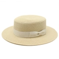 Elegant beige straw boater hat with matching ribbon and bow for women's sun protection - Beige