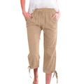 Detail of khaki cotton linen pants showing the drawstring elastic waist and side pockets - S / Khaki