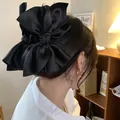 Large black satin bow hair claw clip for thick hair, elegant Korean style hair accessory - Black Pleated Claw