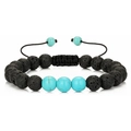 Handmade black lava and turquoise beaded bracelet with adjustable braided rope closure - Lava Stone & Turquoise