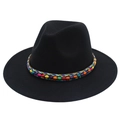 Detail of black wool fedora featuring a colorful handmade braided ethnic bead band - Black / M(56-58cm)