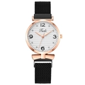 Women's quartz watch with rose gold case, diamond dial, and black Milanese magnetic strap - Black