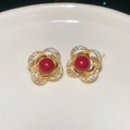 Elegant gold flower stud earrings with red beads and pavé crystals on ceramic plate - 55# Gold Pave Diamond Red Main Stone Style (HE30401)