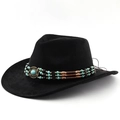 Cappello da cowboy in pelle scamosciata nera con perline turchesi e fascia etnica - M (56-58cm) / Nero