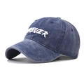 Detail of Forever white embroidery on vintage washed denim baseball cap in dark blue - Adjustable / Navy Blue