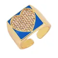 Adjustable copper ring with blue enamel square top and zircon micro-set heart - Blue - Heart