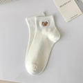 White cotton short socks for women featuring a cute bear embroidery on the ankle area - One Size / Beige