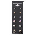 6-pair fashion earring set featuring gold studs, pearls, and purple clover accents - 73 Heart Style 10328