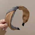 Brown satin and houndstooth knotted headband with wide padded design for women - S37 Coffee Houndstooth Patchwork Knot Style