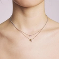 Double-layered silver necklace with pink rectangular and green oval gemstone pendants - Purple Necklace