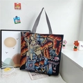 Fashion tote bag with colorful Egyptian mural jacquard and striped strap handles - Style 3 (Egyptian Mural Style)