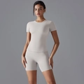 Detailed close-up of high-elastic quick-dry short-sleeved yoga set and high-waist shorts - S / Off-White Grey