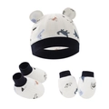Dettaglio set neonato con motivo dinosauro, cappello, calzini e manopole con bordi - Set da 3 Pezzi Piccolo Dinosauro Blu Notte