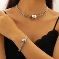 Punk layered silver chain jewelry set with metallic balls on necklace and bracelet - Silver Large Ball Necklace Bracelet Set