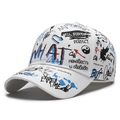 White street style cotton baseball cap featuring colorful graffiti print and curved brim - White and Blue