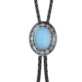 Detailed view of sky blue gemstone bolo tie with vintage silver floral relief and black cord - Light Blue Agate