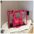 Close-up of rose pink transparent frosted tote with colorful rhinestones and leather handles - Rose Pink