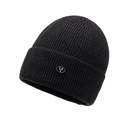 Classic black ribbed knit beanie with folded cuff and metal oval logo emblem for winter - One Size / Marl Grey