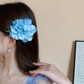 Elegant light blue faux silk flower hair clip shown on model for a graceful hairstyle - 61# Duckbill Clip - Blue - Light Blue Complex Peony Style