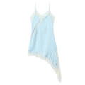 Light blue sexy V-neck slip dress with white lace trim and asymmetric hemline - XS / Light Blue